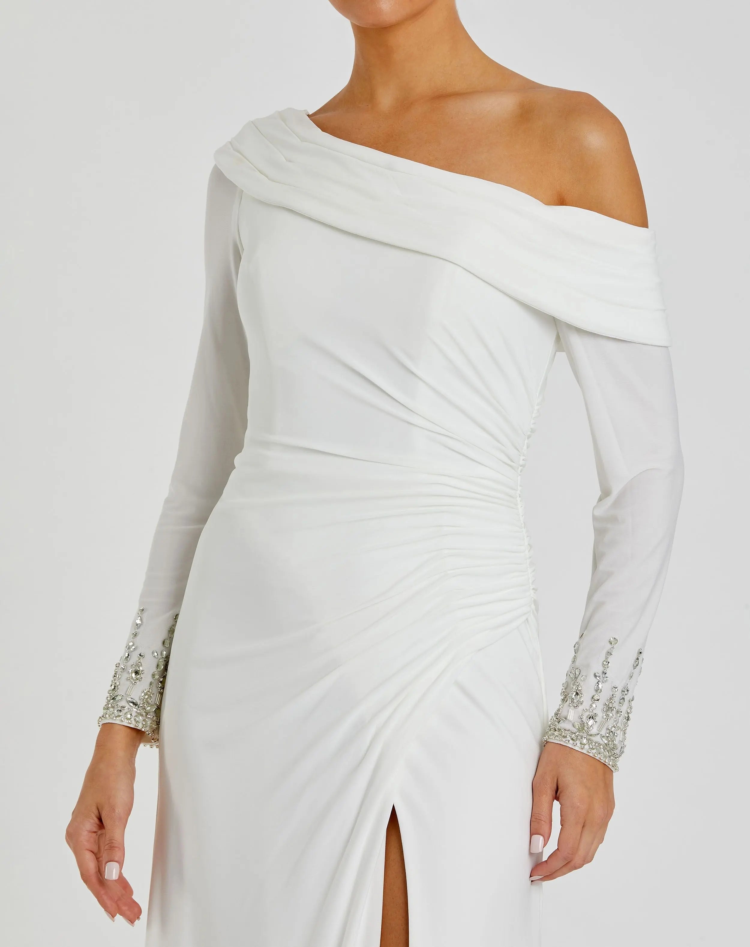 White Beaded Cuff Drop Shoulder Faux Wrap Gown - FINAL SALE