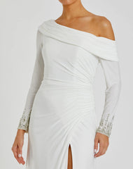 White Beaded Cuff Drop Shoulder Faux Wrap Gown - FINAL SALE