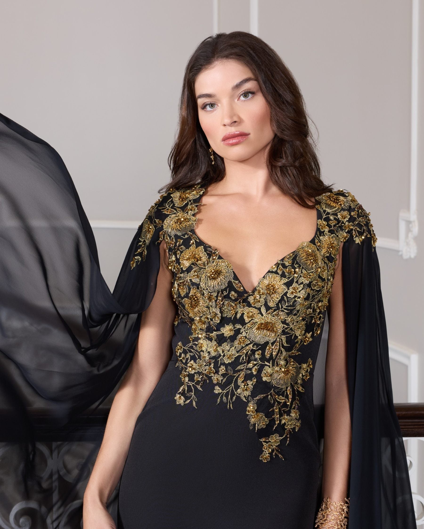 Black and Gold Embellished Column Gown with Chiffon Cape Sleeves