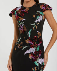 Black Floral Sequin Embellished Trumpet Gown