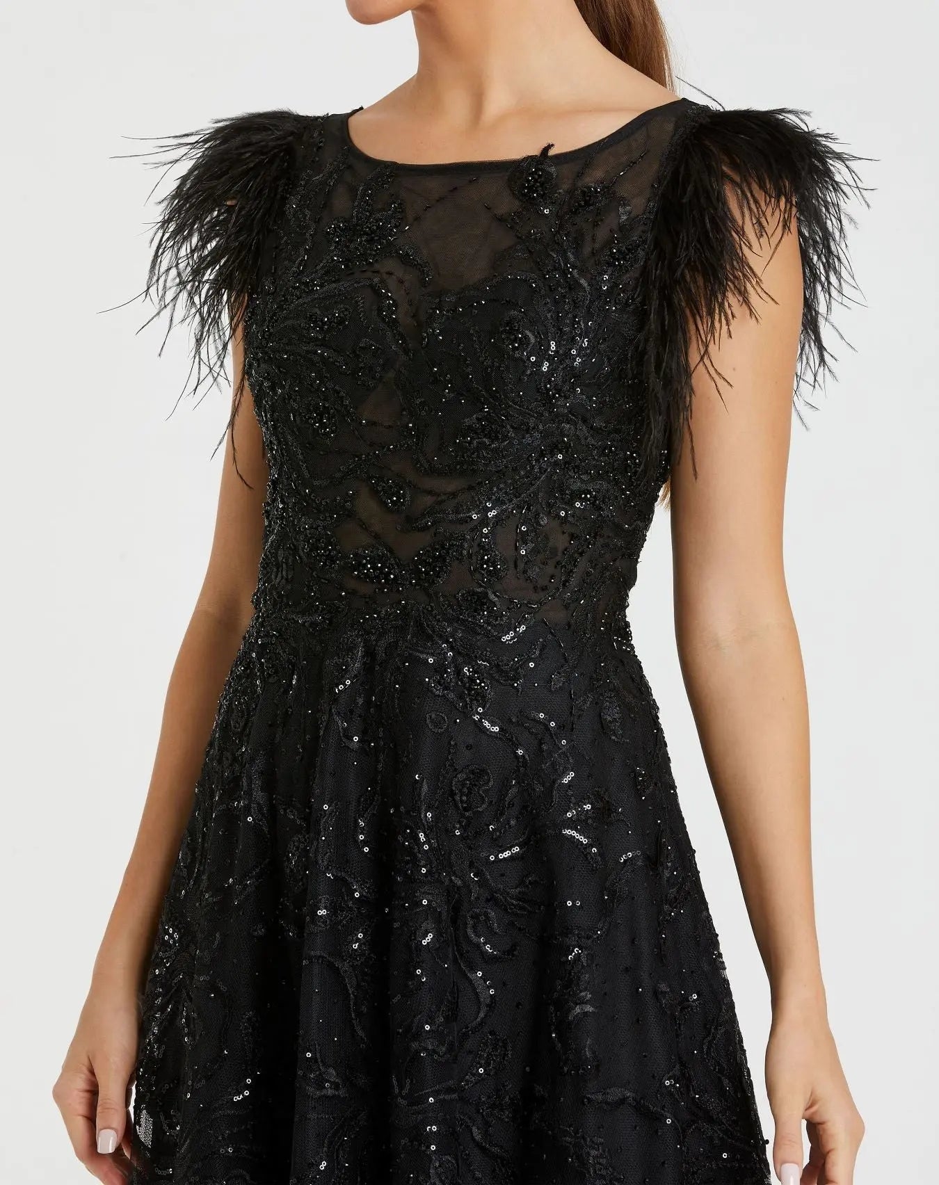 Black Embellished Boat Neck A-Line Gown with Feather Sleeves