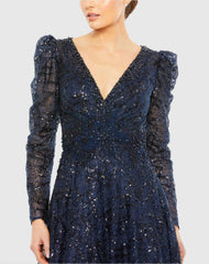 Navy Embellished V Neck Long Sleeve A Line Gown