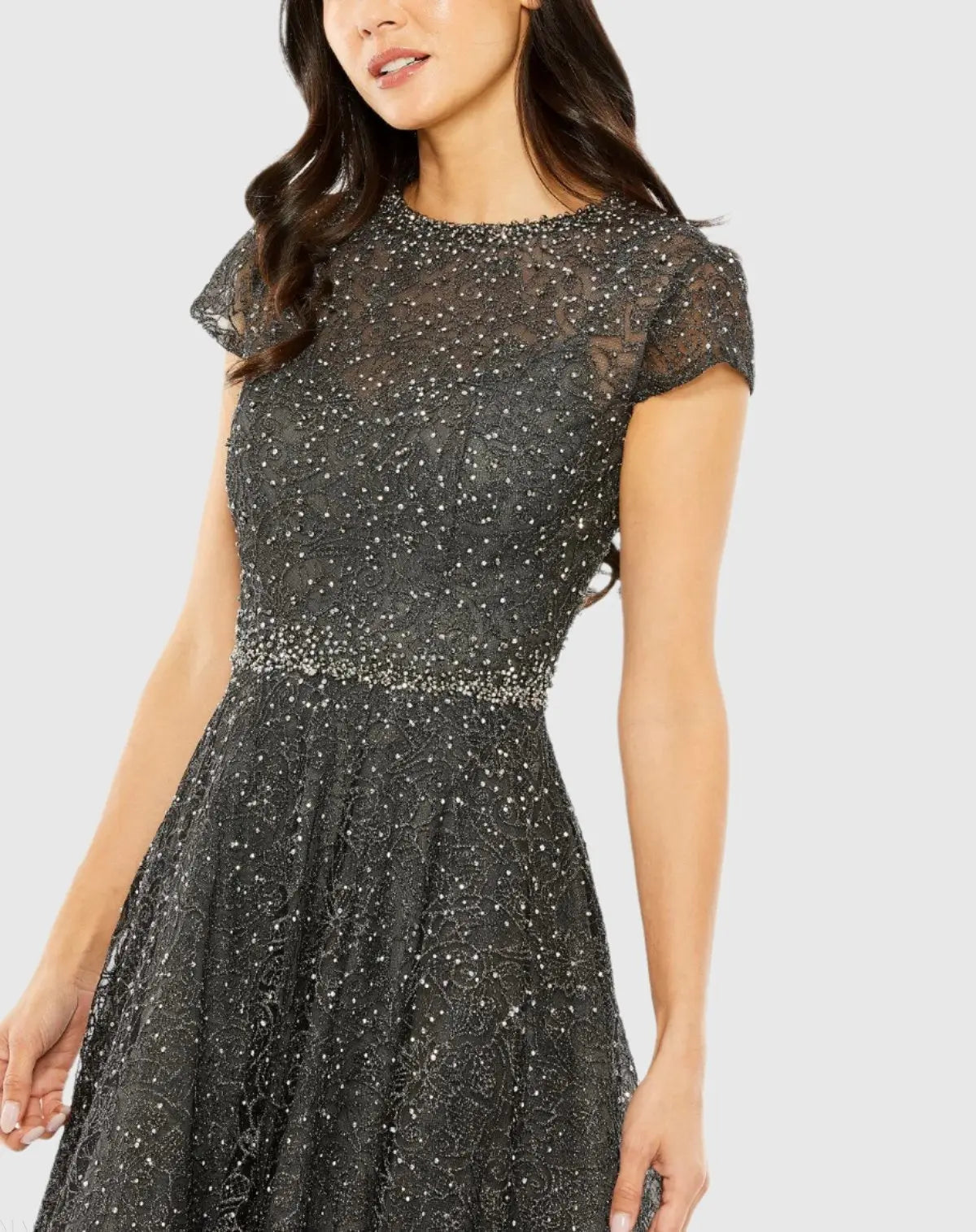 Gray Embellished Cap Sleeve A Line Dress