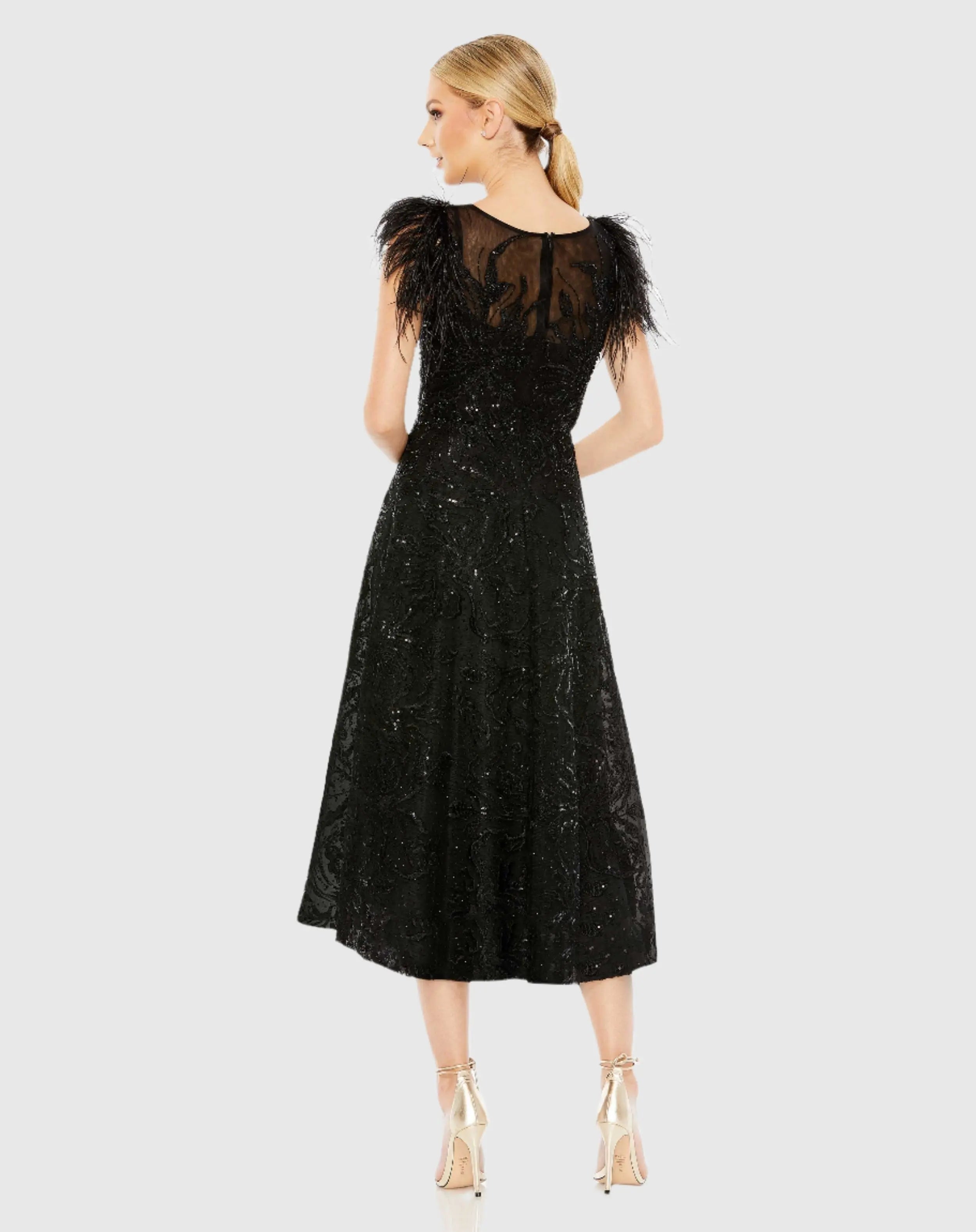 Black Feather Shoulder Embellished Dress