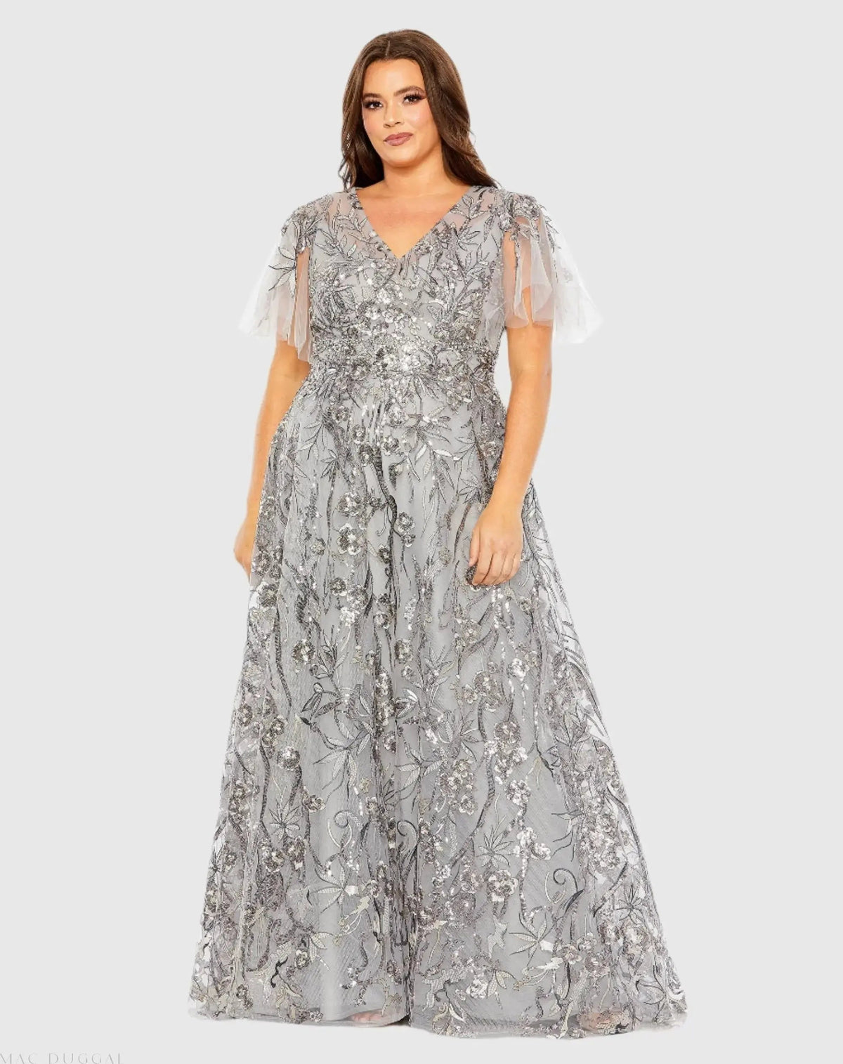Silver High Neck Flutter Sleeve Embellished A-Line Gown (Plus) - FINAL SALE