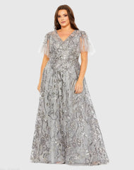 Silver High Neck Flutter Sleeve Embellished A-Line Gown (Plus) - FINAL SALE