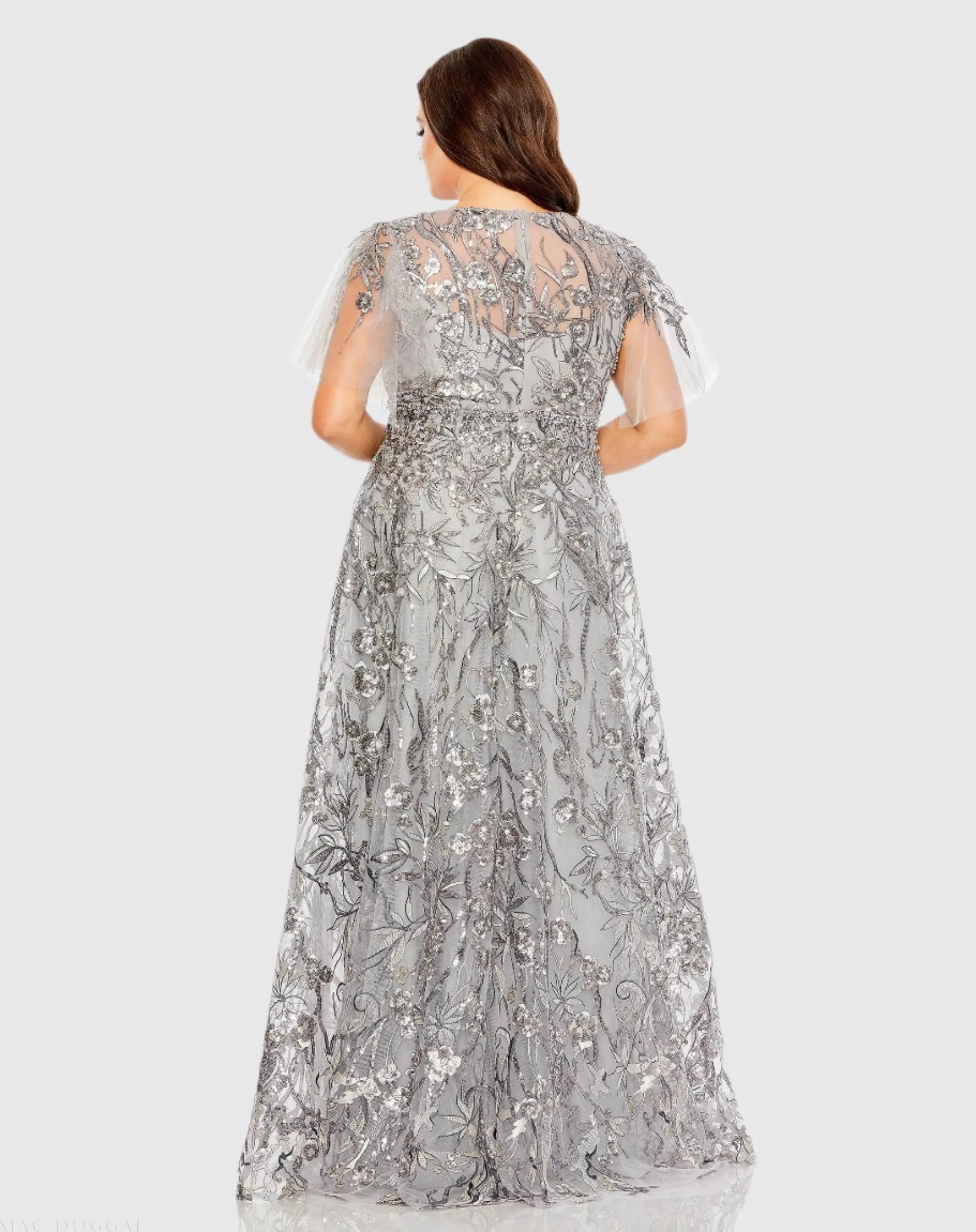 Silver High Neck Flutter Sleeve Embellished A-Line Gown (Plus) - FINAL SALE