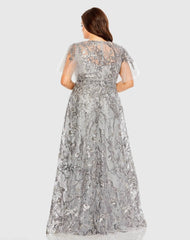 Silver High Neck Flutter Sleeve Embellished A-Line Gown (Plus) - FINAL SALE