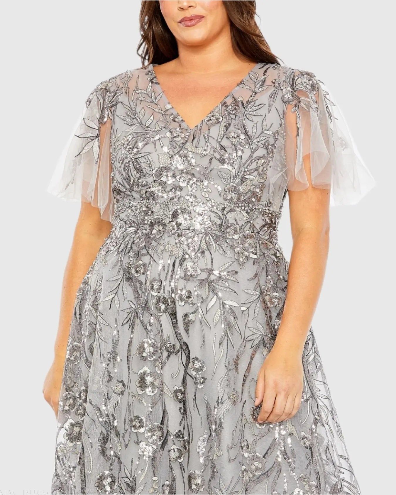 Silver High Neck Flutter Sleeve Embellished A-Line Gown (Plus) - FINAL SALE