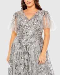 Silver High Neck Flutter Sleeve Embellished A-Line Gown (Plus) - FINAL SALE