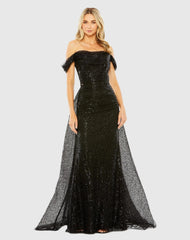 Black Off the Shoulder Sequin Panel Train Gown