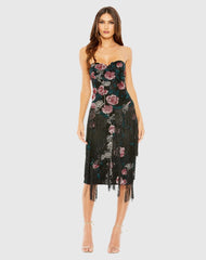 Black Strapless Floral Embroidered Midi Dress With Fringe Detailing