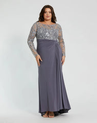 Gray Embroidered Top Jersey Skirt Gown (Plus)