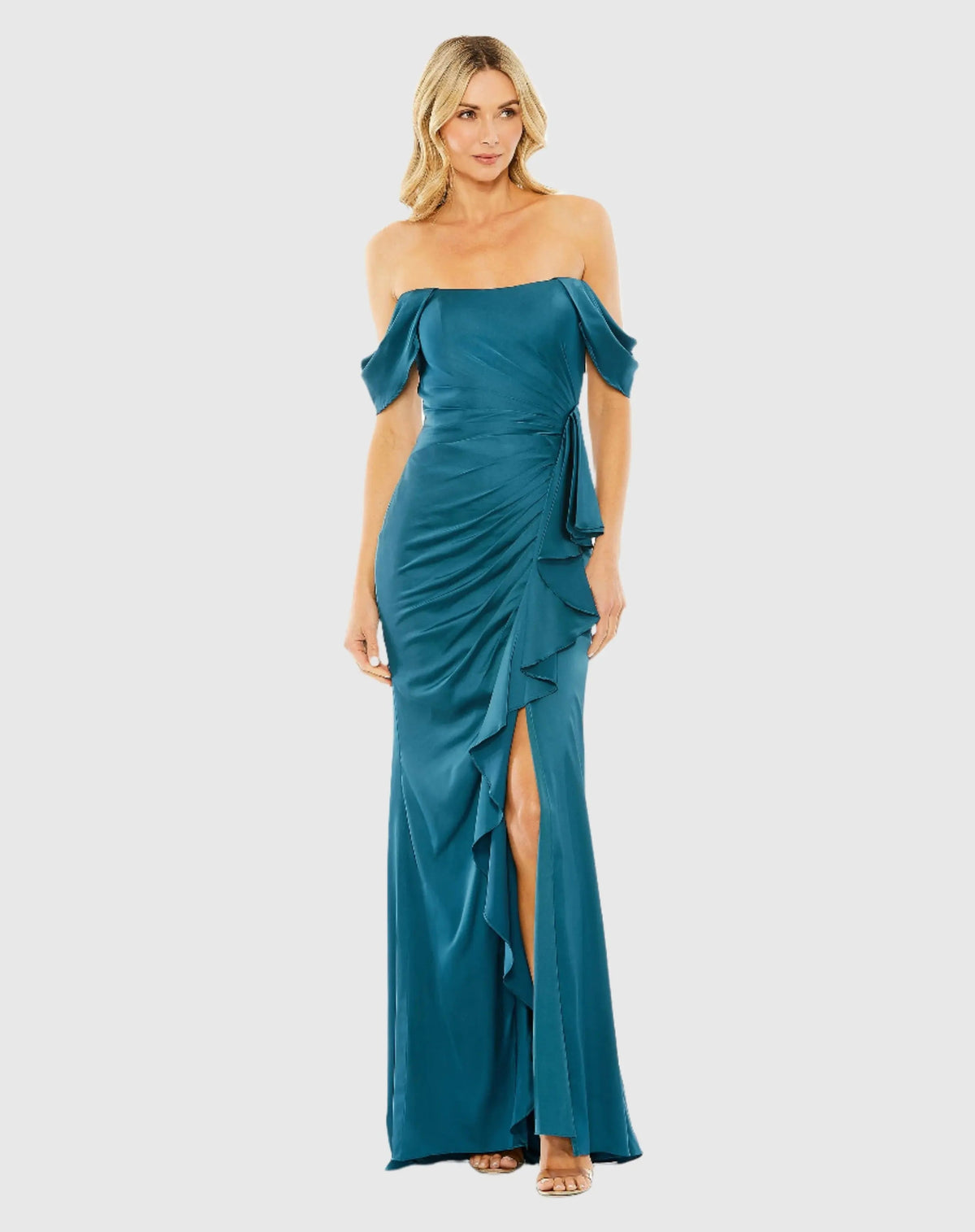 Teal Off The Shoulder Bustier Construction Ruched Gown