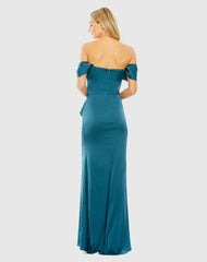 Teal Off The Shoulder Bustier Construction Ruched Gown