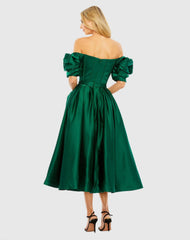 Green Off The Shoulder Tea Length Dress