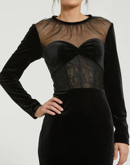 Black Long Sleeve Sheer Top Lace Bustier Velvet Gown