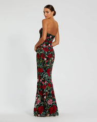 Black Sheer Bustier Top Floral Applique Gown