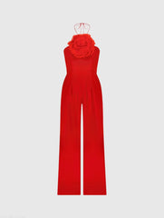 Red Halter Neck Crepe Jumpsuit With Flower