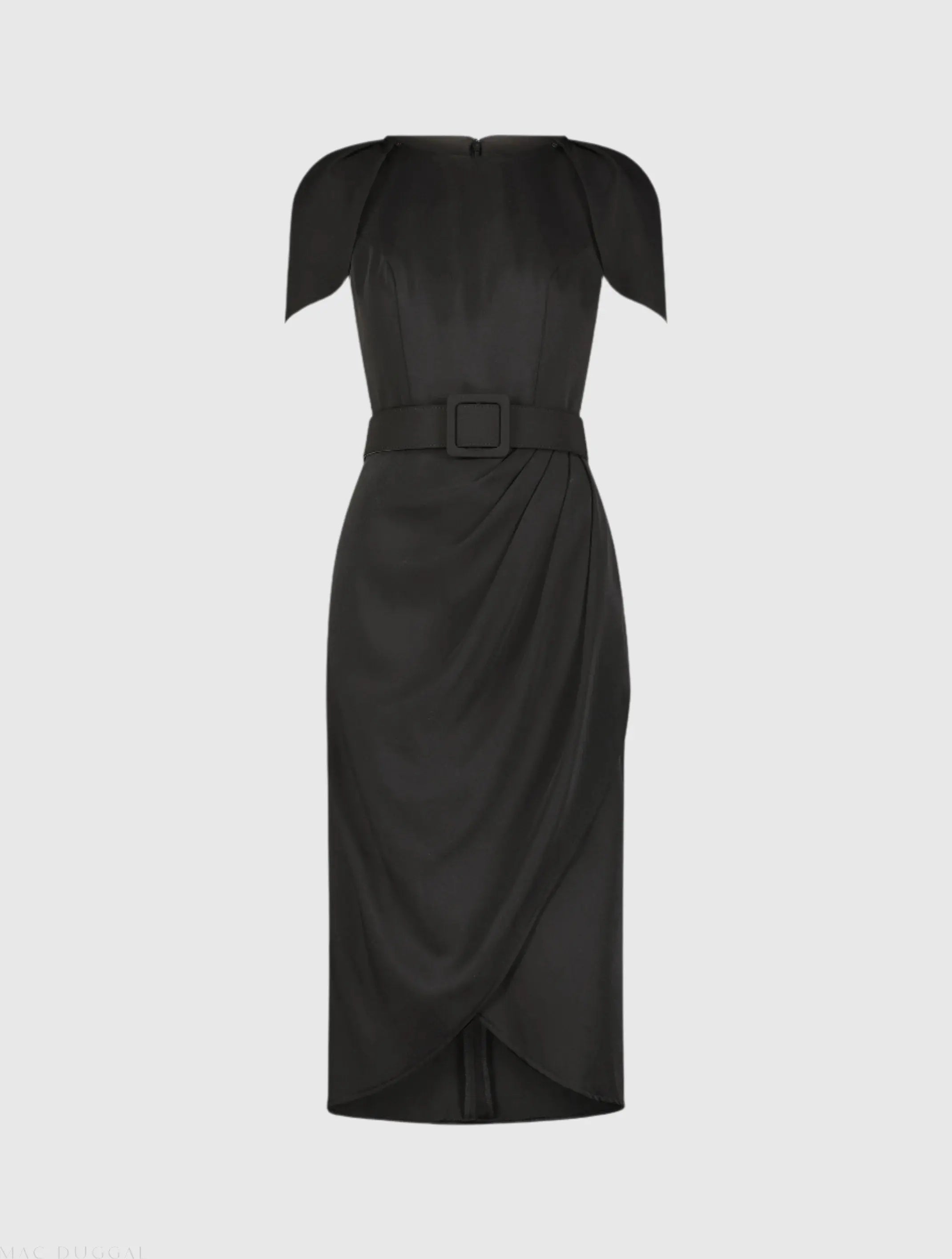 Black Crepe Boat Neck Midi Tulip Dress With Belt