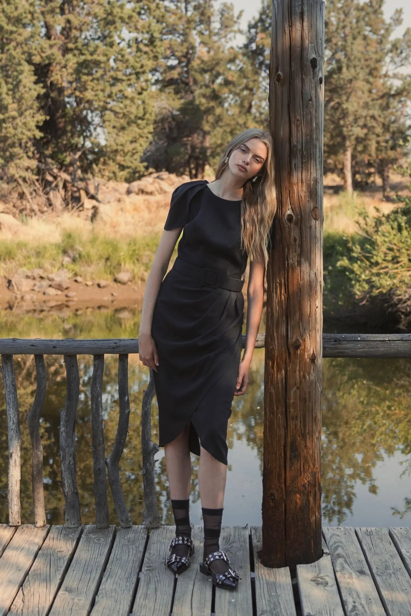 Black Crepe Boat Neck Midi Tulip Dress With Belt