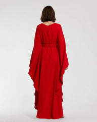 Red Crepe Boat Neck Kaftan Maxi Dress With Belt