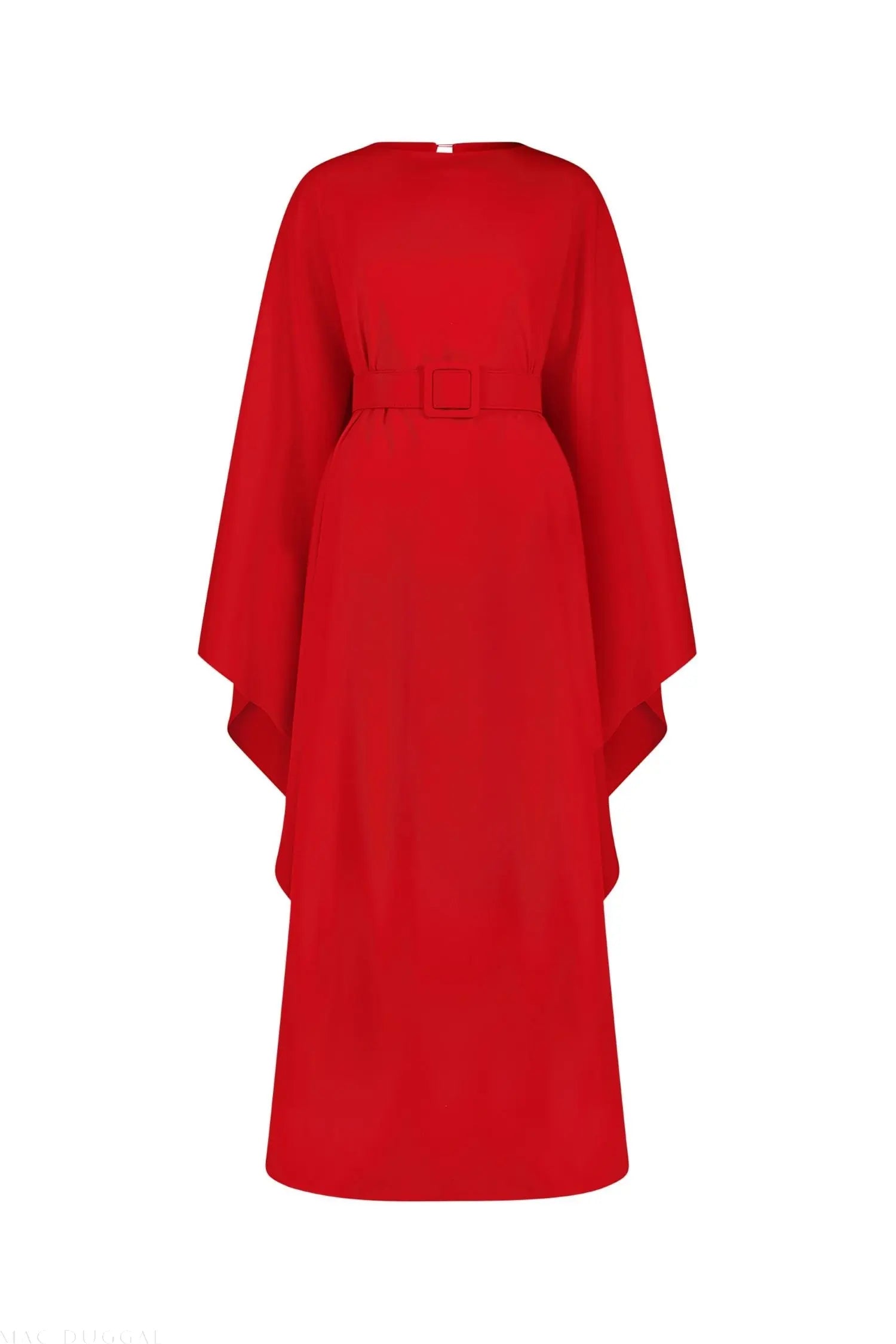 Red Crepe Boat Neck Kaftan Maxi Dress With Belt