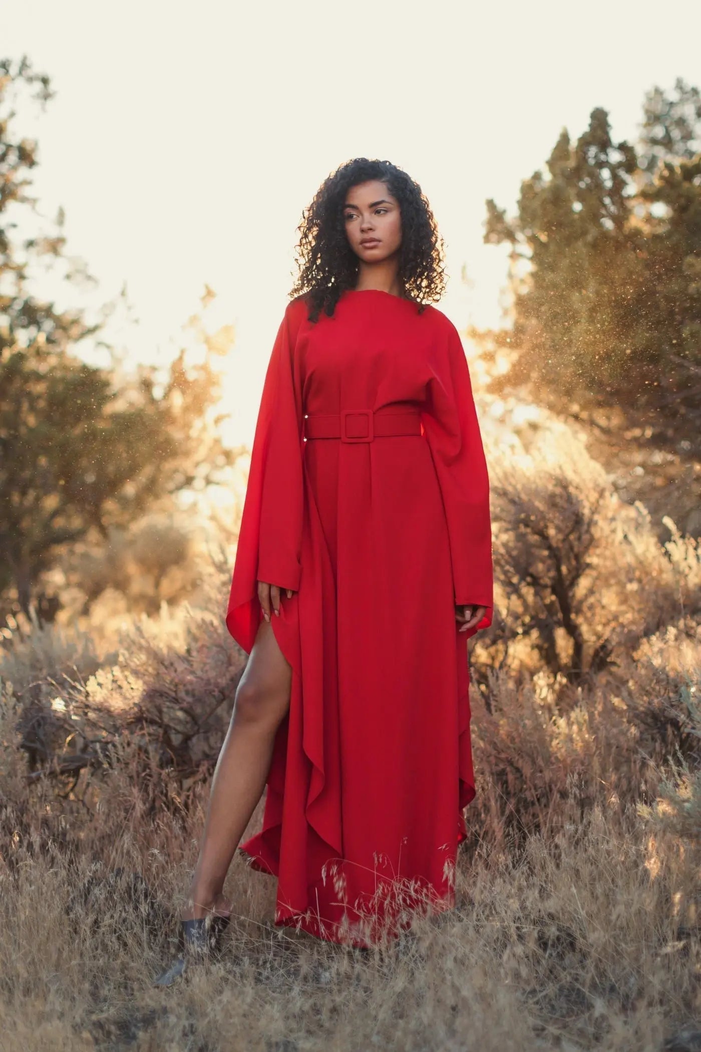 Red Crepe Boat Neck Kaftan Maxi Dress With Belt