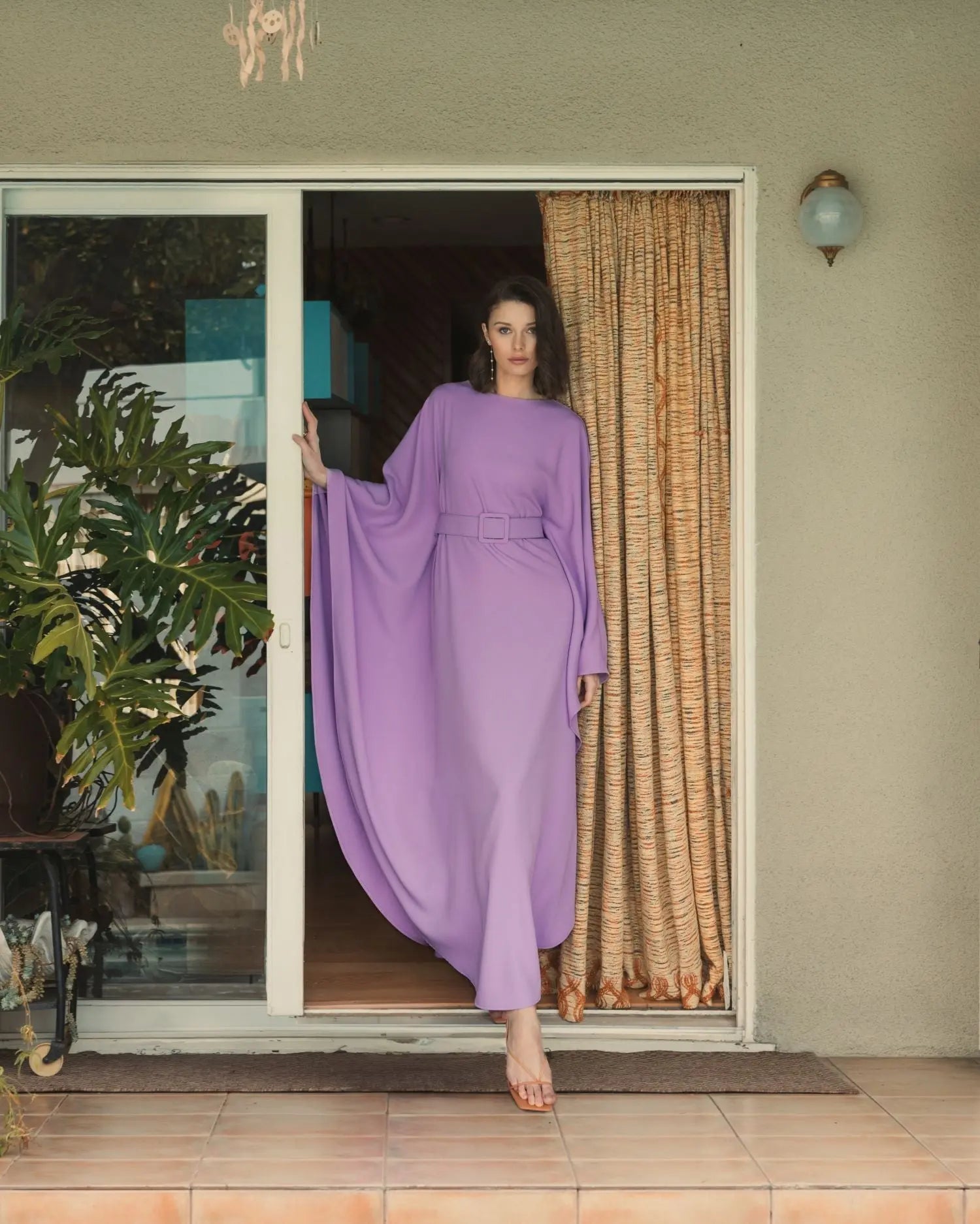 Purple Crepe Boat Neck Kaftan Dress With Belt