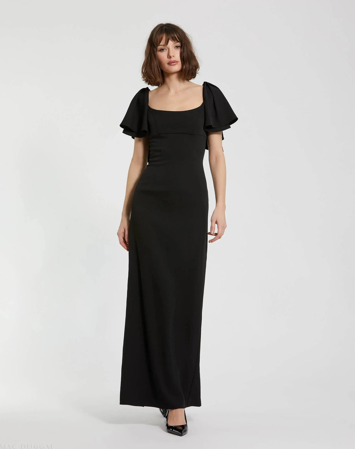 Black Crepe Fitted Long Dress With Short Ruffle Sleeves - FINAL SALE