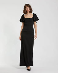 Black Crepe Fitted Long Dress With Short Ruffle Sleeves - FINAL SALE