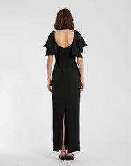 Black Crepe Fitted Long Dress With Short Ruffle Sleeves - FINAL SALE