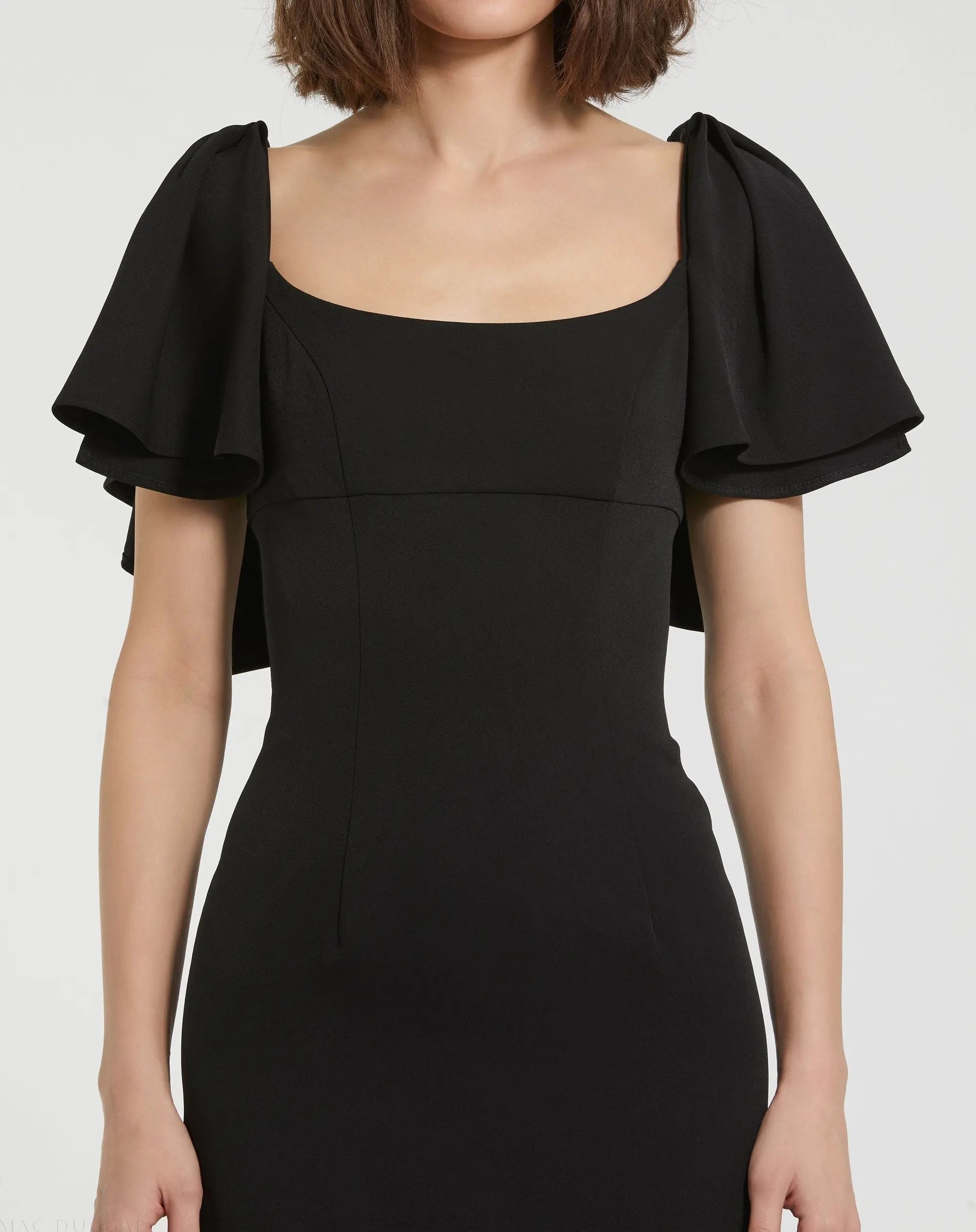 Black Crepe Fitted Long Dress With Short Ruffle Sleeves - FINAL SALE