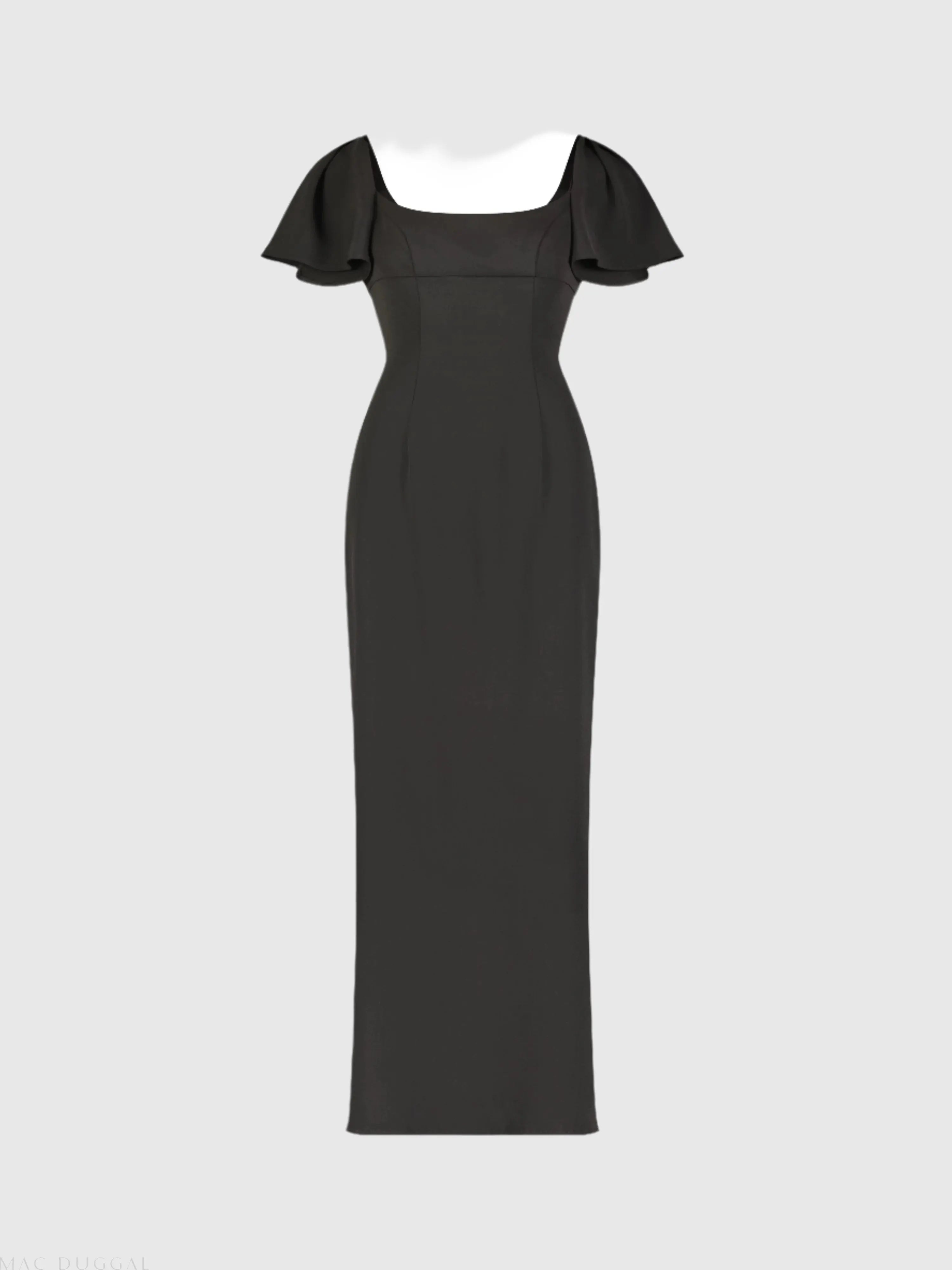 Black Crepe Fitted Long Dress With Short Ruffle Sleeves - FINAL SALE