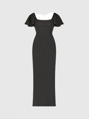 Black Crepe Fitted Long Dress With Short Ruffle Sleeves - FINAL SALE
