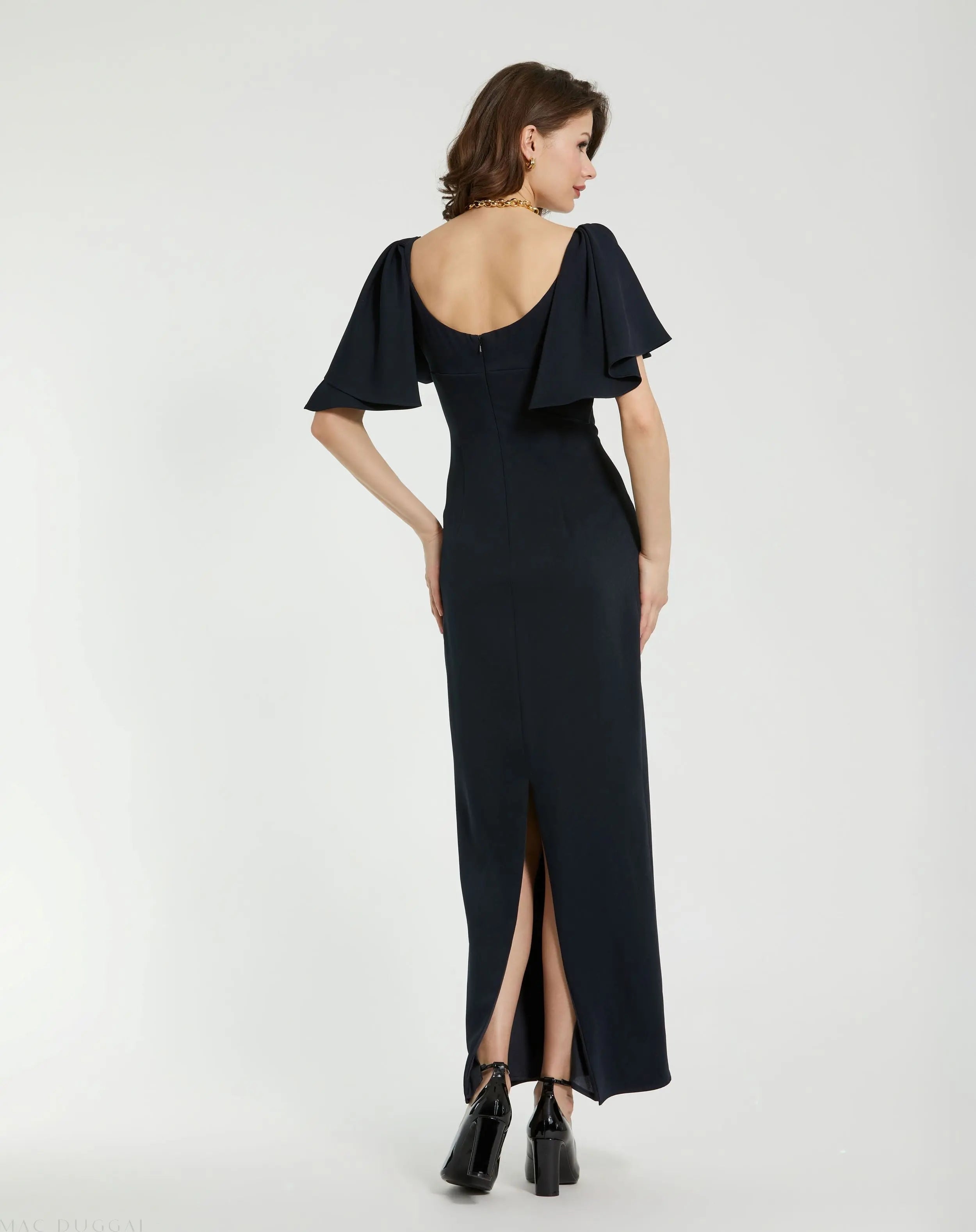 Navy Crepe Fitted Column Dress With Short Ruffle Sleeves - FINAL SALE