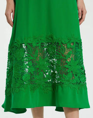 Green Crepe Boat Neck Midi Dress With Applique Cut Out
