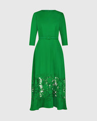 Green Crepe Boat Neck Midi Dress With Applique Cut Out