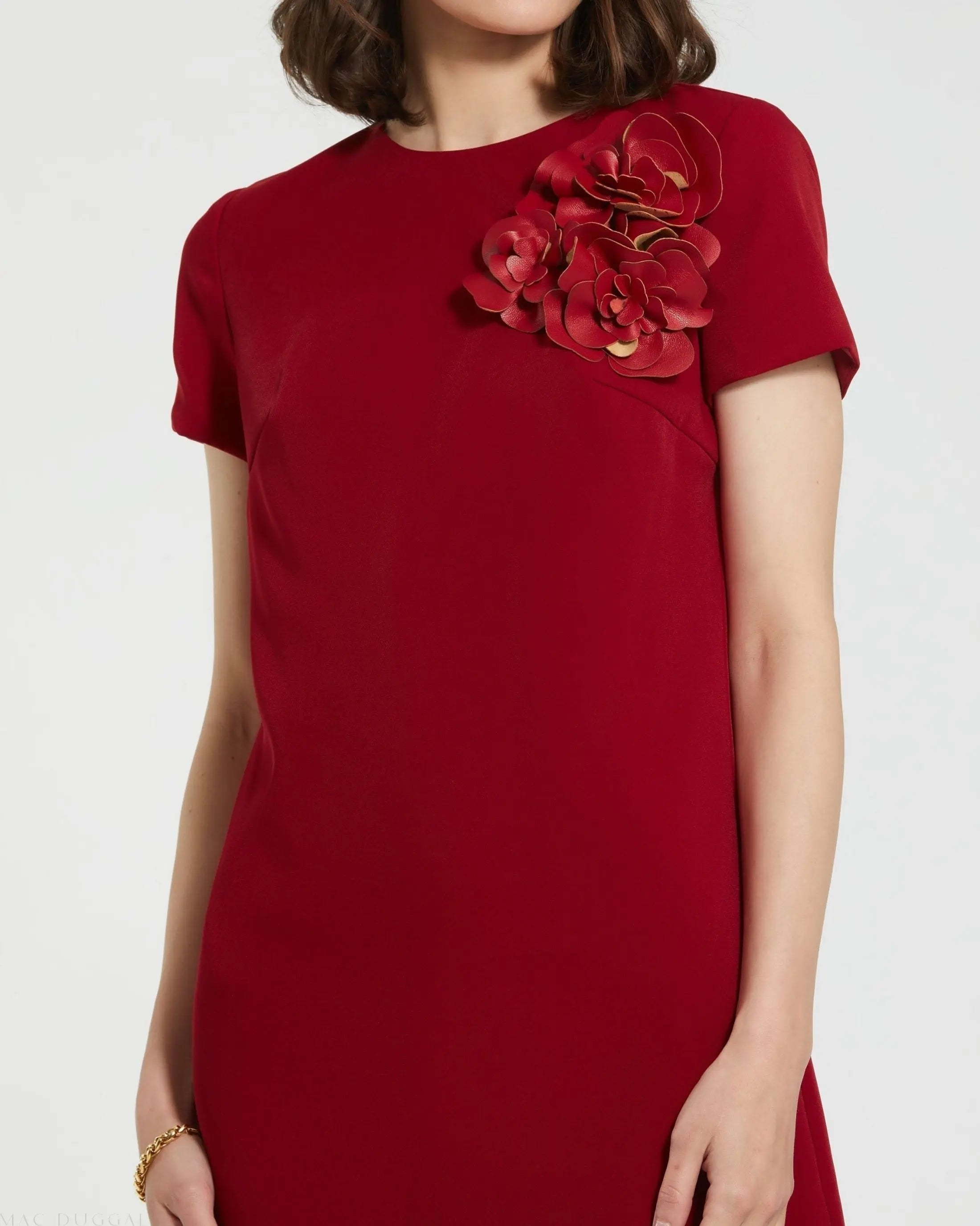Red Crepe Cap Sleeve Mini Dress With 3D Flower Details