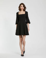 Black Crepe Square Neck 3/4 Sleeve Godet Mini Dress