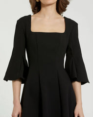 Black Crepe Square Neck 3/4 Sleeve Godet Mini Dress