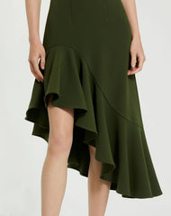 Green Crepe 3/4 Sleeve Asymmetrical Hem Dress