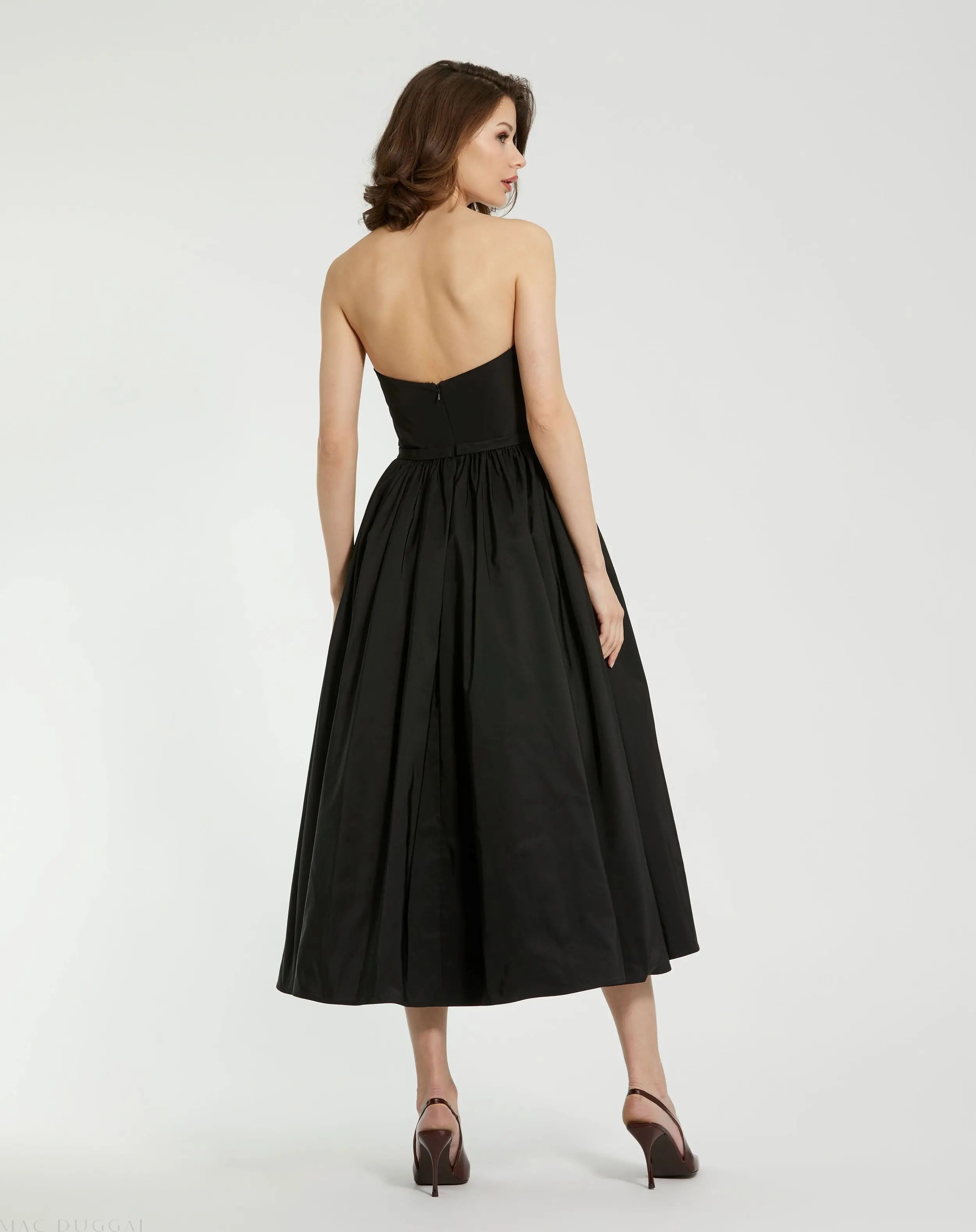 Black Faille Strapless A Line Midi Dress With 3D Rose