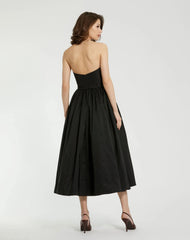 Black Faille Strapless A Line Midi Dress With 3D Rose