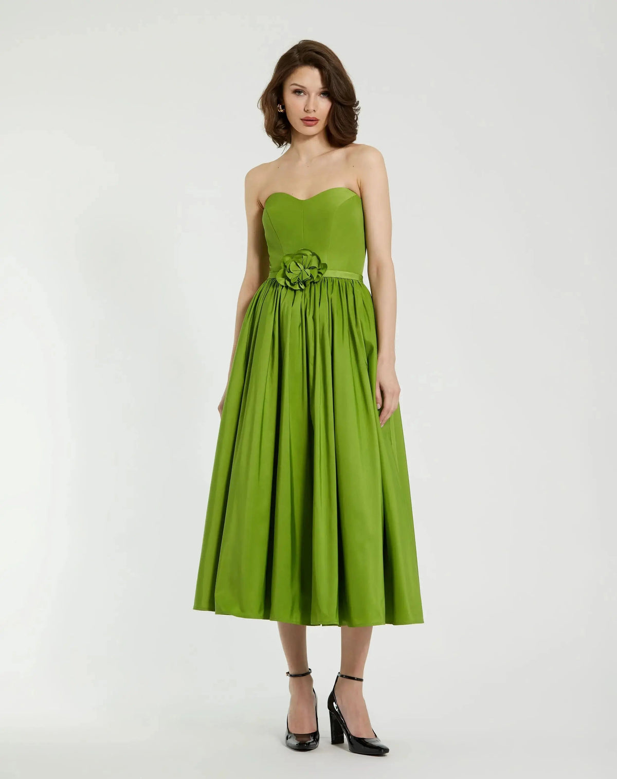 Green Faille Strapless A Line Midi Dress With 3D Rose