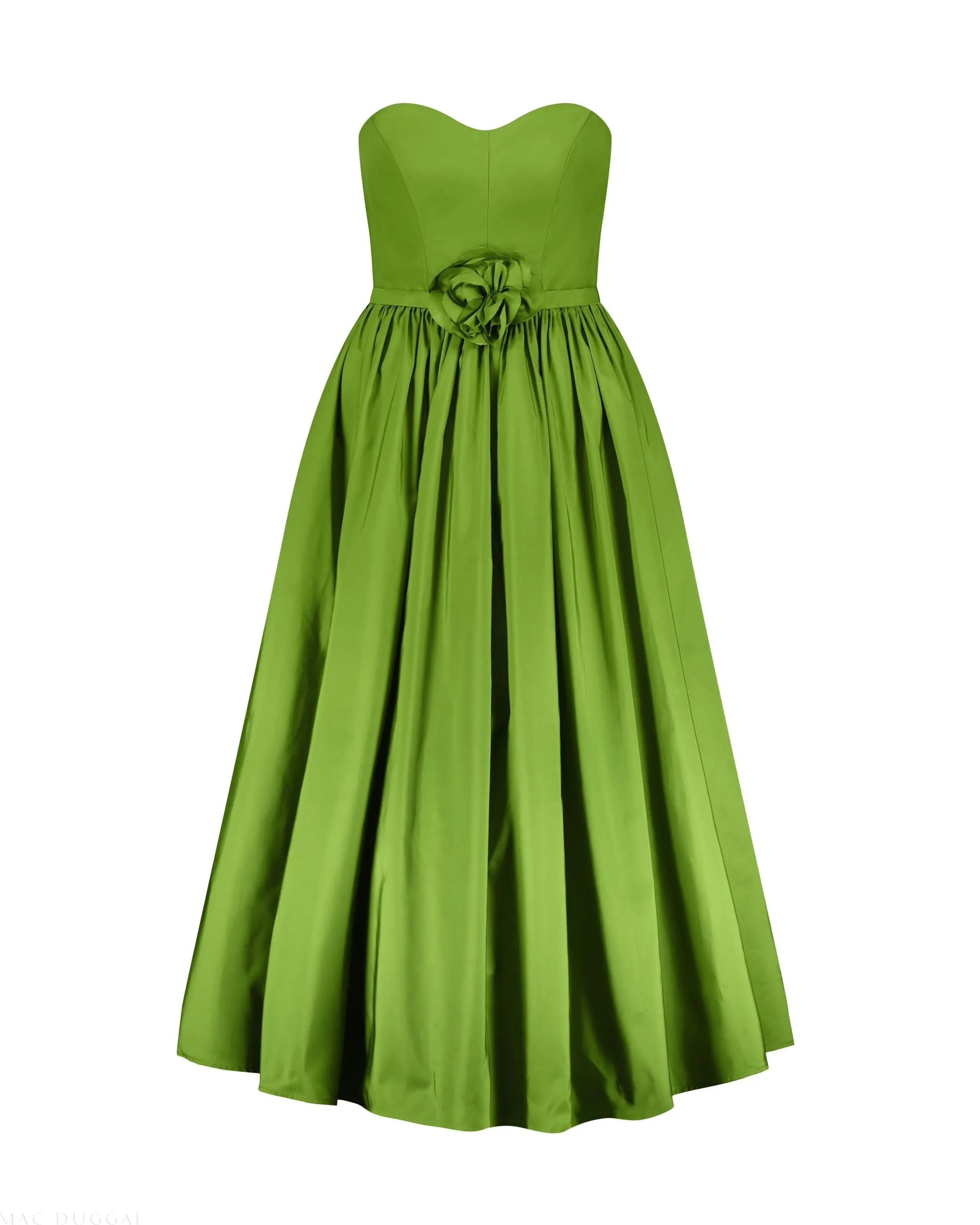 Green Faille Strapless A Line Midi Dress With 3D Rose