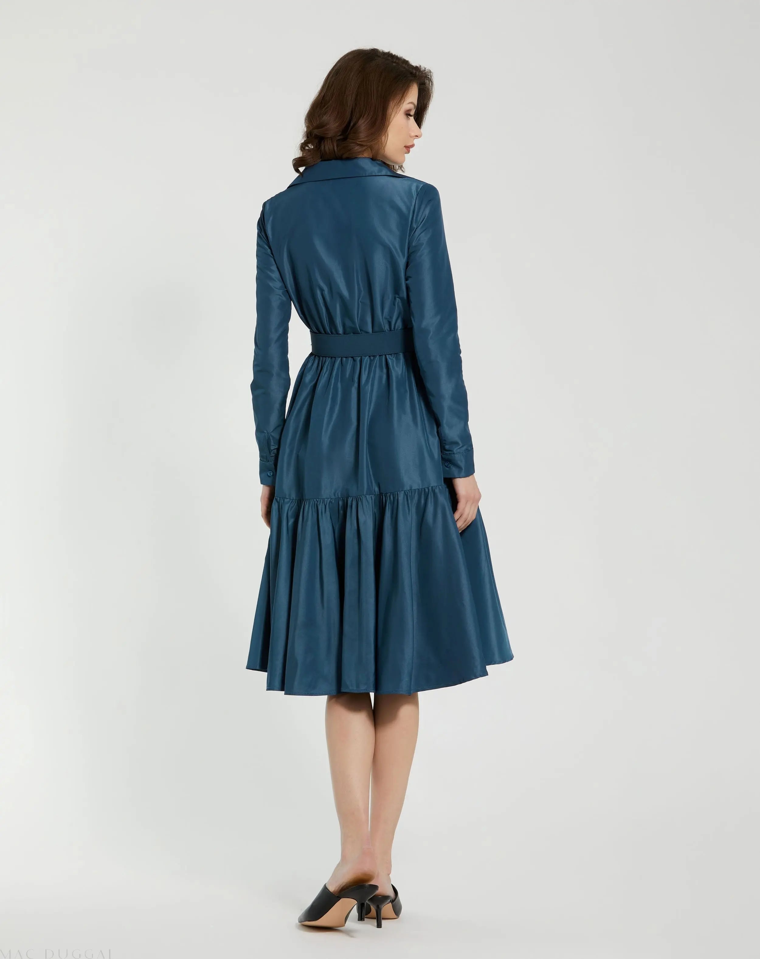 Blue Faille Long Sleeve Collared Midi Dress With Belt - FINAL SALE