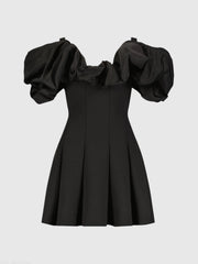 Black Crepe Godet Hem Mini Dress With Faille Ruffle