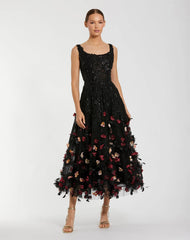 Black Sleeveless Beaded Midi Dress With 3D Flowers