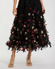 Black Sleeveless Beaded Midi Dress With 3D Flowers